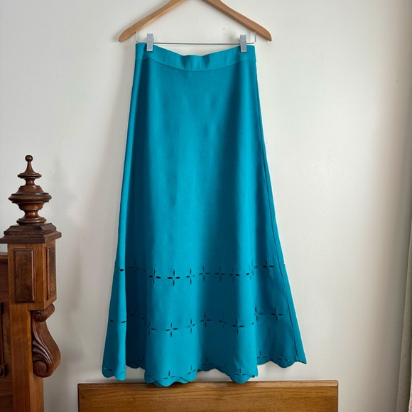 Sandro • Rosy Laser-Cut Ponte Midi Skirt in Teal - Picture 2 of 8
